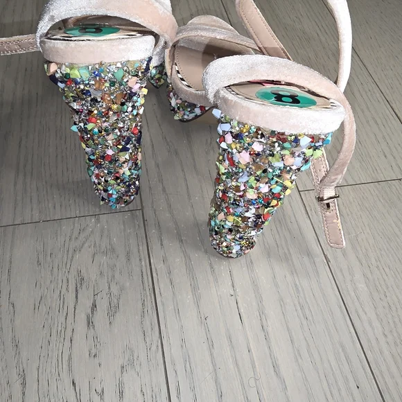 Betsey Johnson Pink Velvet Multicolor Sequin Block Heel Sandals - Picture 4 of 5